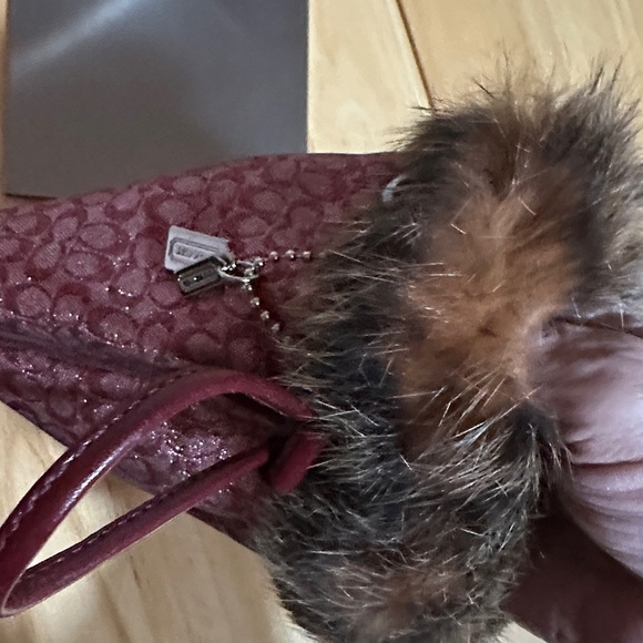 Coach Metallic Merlot Drawstring Pouch with Fur Trim